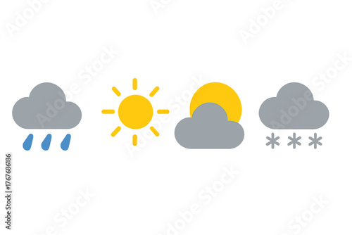 Set of four simple weather forecast icons showing rain, sun, partly cloudy, and snowfall symbols