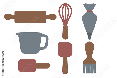 Set of essential baking tools including whisk, rolling pin, spatula, and measuring cup
