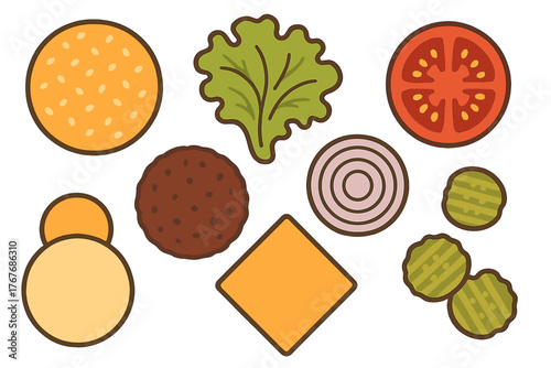 Overhead view of classic cheeseburger components disassembled, featuring bun, patty, lettuce, tomato, onion, and cheese