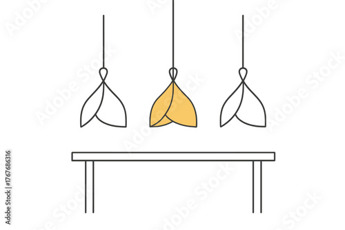 Minimalist line art of three modern pendant lamps hanging above a simple dining table