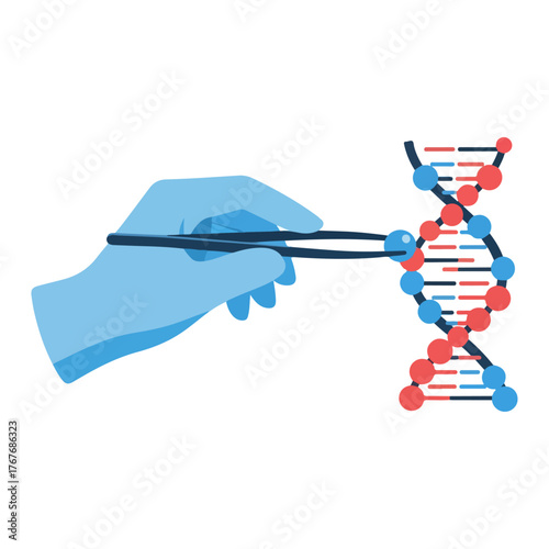 Close-up of a gloved hand holding tweezers delicately manipulating a DNA helix structure symbolizing genetic science and biotechnology research