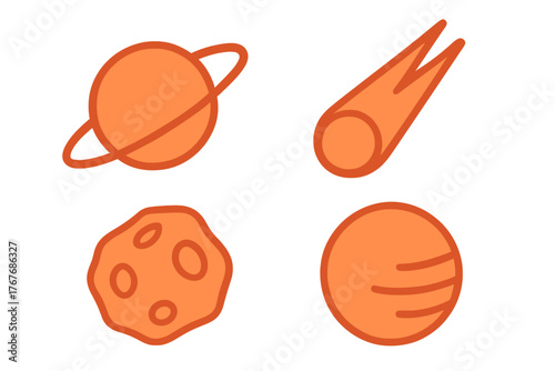 Minimalist orange space icons depicting planets, an asteroid, and a comet