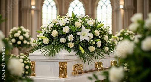 White Casket Adorned with Floral Arrangement Displayed Indoors During Funeral Ceremony with Stained Glass Windows in the Background