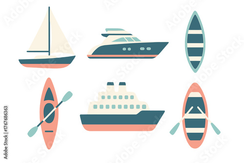 Set of various marine transportation vessels and recreational watercraft in flat design