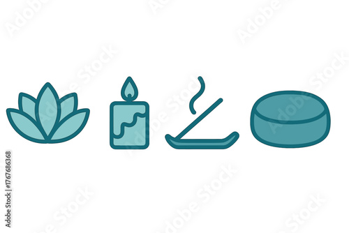 Spa and wellness symbols featuring lotus, burning candle, incense, and massage stone