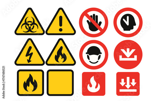 Essential safety warning and prohibition signs for industrial and public environments