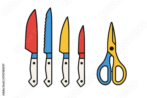 Various brightly colored cooking knives and sharp kitchen scissors set