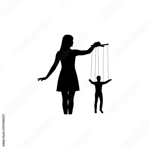 Silhouette of a woman controlling a puppet with strings, illustrating the concept of manipulation and control