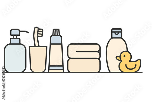 Collection of essential bathroom hygiene items including soap, toothbrush, towels, and shampoo