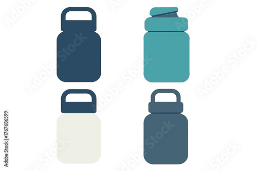 Four reusable water bottles and shaker containers in various colors for hydration and fitness