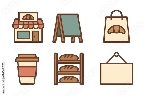 Set of bakery and cafe icons showing storefront, signs, coffee, and fresh bread