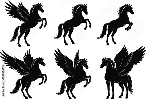 Horse and Pegasus silhouettes collection with dynamic poses, mythical creature illustration set, fantasy artwork, cad drawing flat vector design