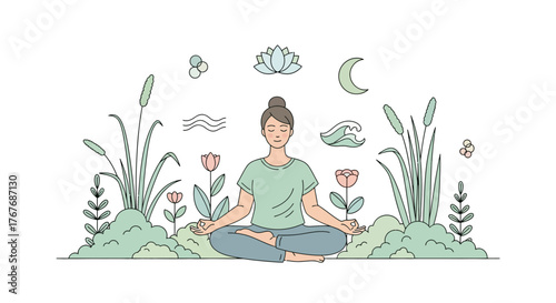 Woman meditating in a garden for relaxation and well-being