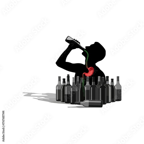 Silhouette of a person drinking from a bottle with a red stomach and esophagus shown, surrounded by bottles