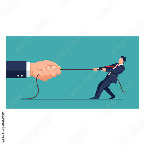 Business competition concept illustration of a businessman in a suit pulling a rope against a giant hand