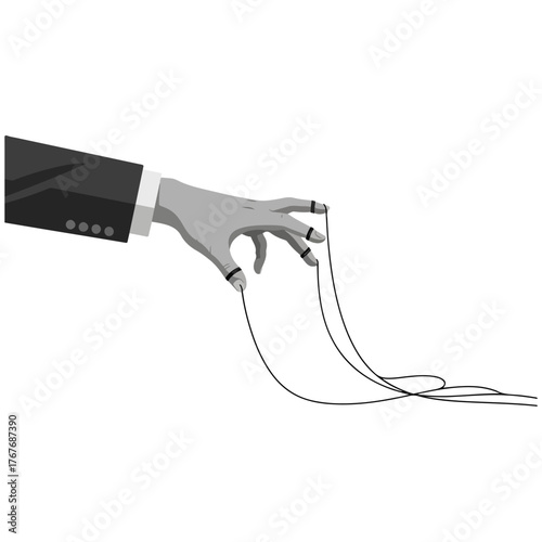 Hand in a suit controlling strings like a puppet master, symbolizing control, manipulation, and power dynamics in business and life.