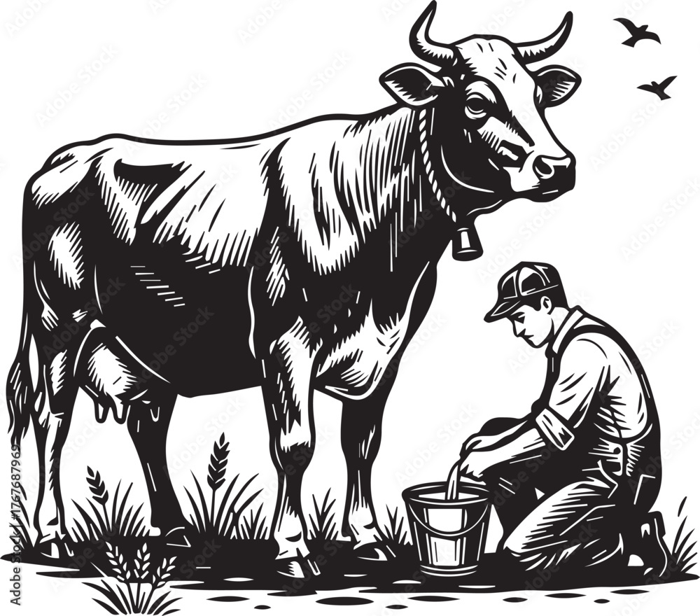 Fototapeta premium Farmer Milking Cow Silhouette
