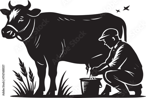 Traditional Dairy Farming Scene with Farmer Milking Cow