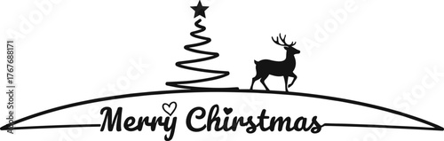 Minimalist Christmas tree with spiral design, reindeer silhouette and Merry Christmas lettering, festive holiday artwork, cad drawing flat vector illustration