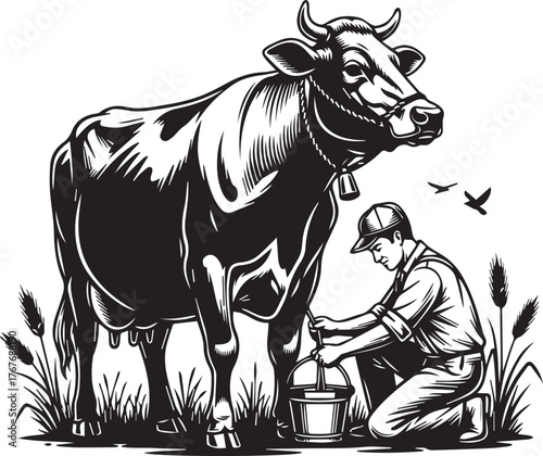 Rustic Milking Scene with Farmer and Dairy Cow
