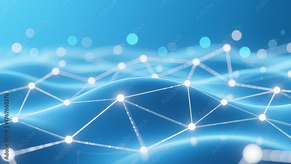 Obraz premium Abstract blue background with glowing white connection lines and nodes, forming a digital network pattern
