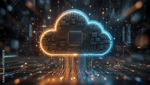 A glowing neon cloud icon made of futuristic electronic circuits and microchips, symbolizing cloud computing and digital data