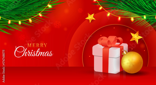 Merry Christmas greeting card trendy background with christams fir tree branches and gift box