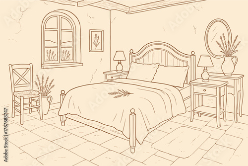 Cozy Rustic Bedroom Interior Sketch – Vintage Country Room Line Art Illustration