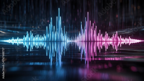 Futuristic glowing soundwave visualization with neon blue and pink light, symmetrical waveform shape on a dark background