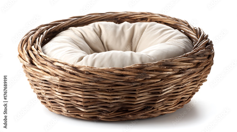 Obraz premium A cozy, round wicker pet bed with a plush, cream-colored cushion inside, presented on a clean white background.