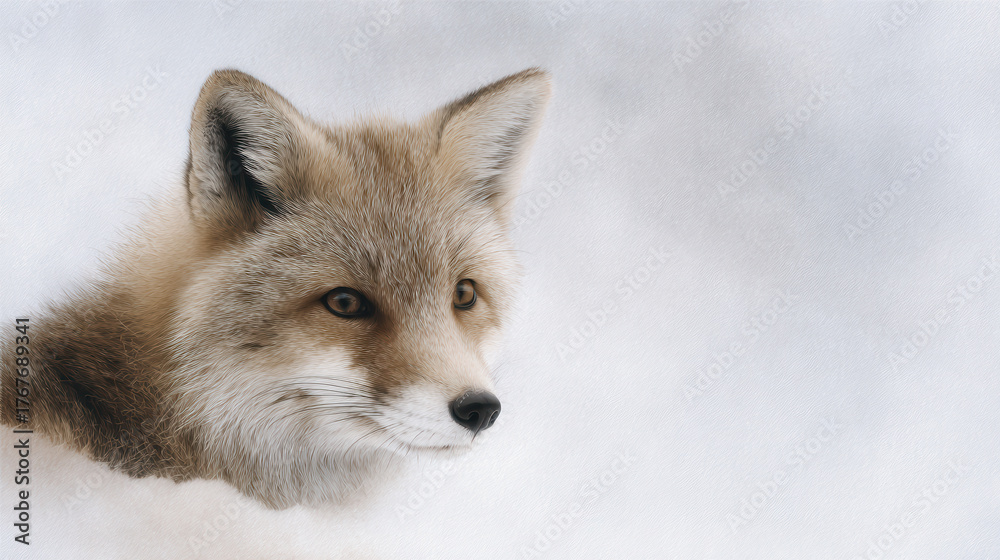 Fototapeta premium Soft fox portrait snowy background winter wildlife calm mood