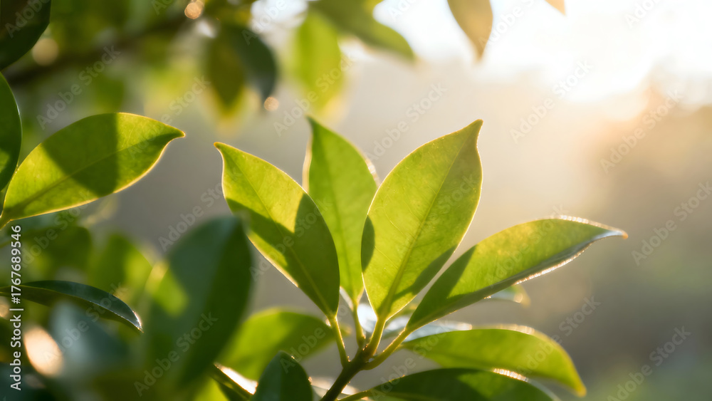 Obraz premium Sunlit green leaves in nature