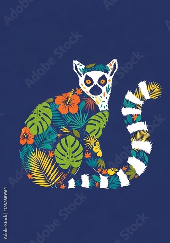 Tropical Lemur Illustration with Floral Leaf Patterns