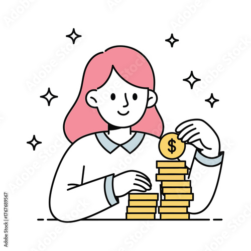 A happy young woman stacking gold dollar coins, illustrating financial growth and savings. A vector graphic concept for investment and wealth management