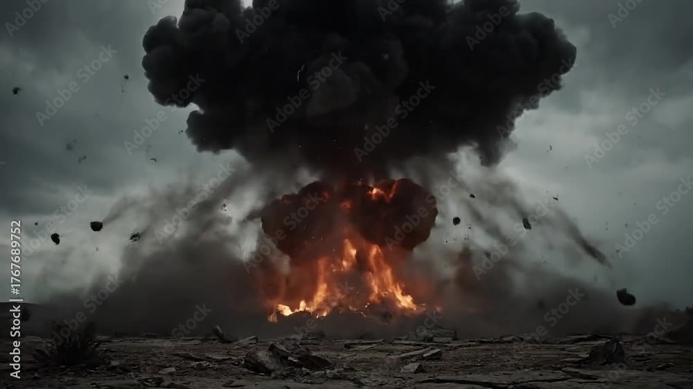 Massive explosion erupts with fiery blast and dark smoke filling the sky over desolate terrain.