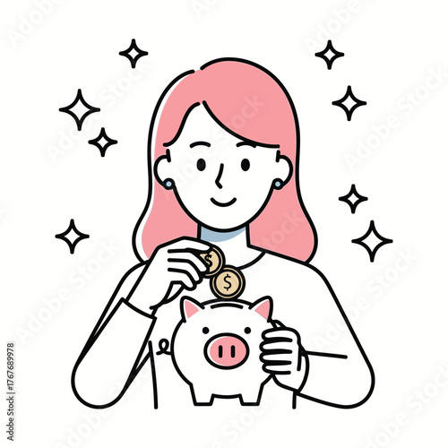 A cheerful young woman putting coins into a piggy bank. A vector illustration representing the concept of saving money, financial planning, and future investment