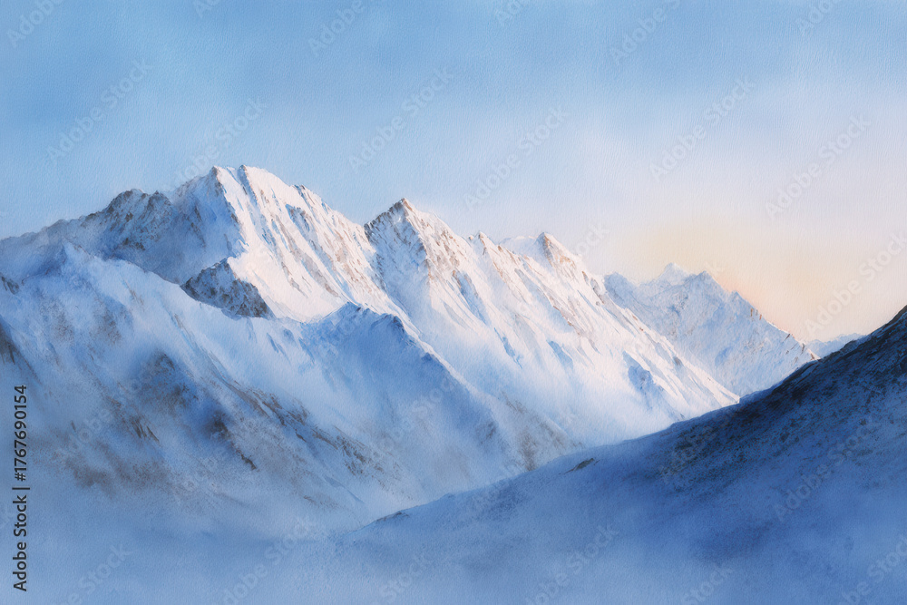 Obraz premium Snowy mountain icy ridge sunrise watercolor Himalaya