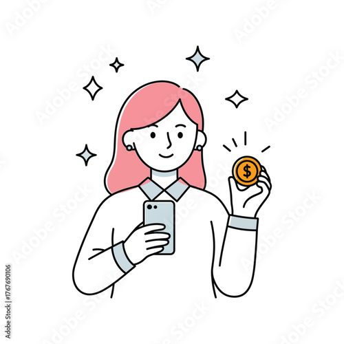 Happy young woman with a smartphone and gold coin representing online earnings, cashback rewards, or mobile banking. Simple line art vector illustration of digital finance