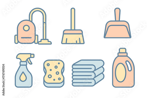 Household cleaning tools and supplies set featuring vacuum, broom, dustpan, and detergent bottle