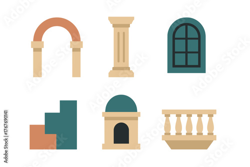 Stylized collection of architectural components: arch, column, window, stairs, and railing