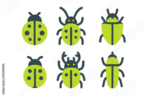 Six stylized green and black beetle and ladybug insect icons collection