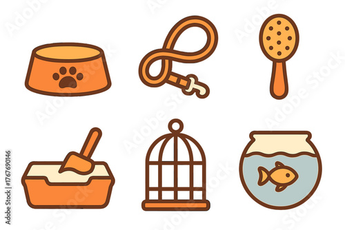Collection of essential pet supplies icons including food bowl, leash, litter box, and bird cage