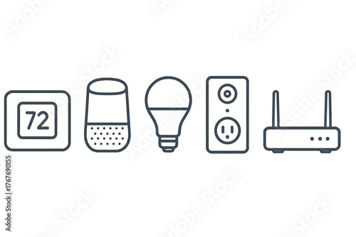 Smart home technology devices set featuring thermostat, speaker, light bulb, outlet, and router