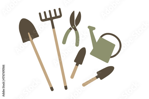 Collection of essential gardening tools including a shovel, rake, shears, and watering can