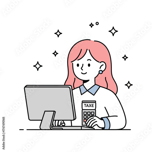 A professional businesswoman or accountant happily calculating taxes with a computer and calculator. A simple vector illustration of financial management