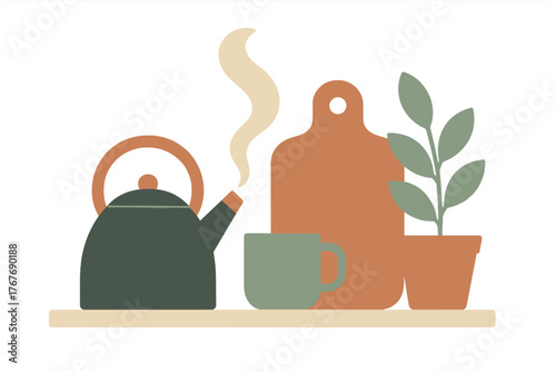 Cozy still life arrangement with kettle, hot mug, chopping board, and potted plant