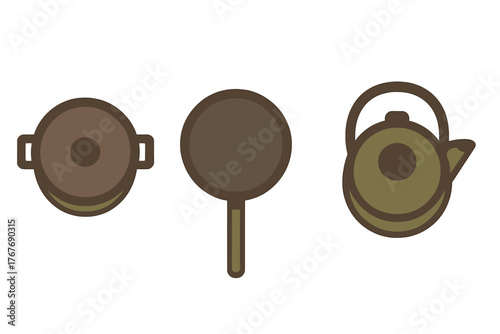 Overhead view of kitchen cooking utensils set including pot, frying pan, and teapot