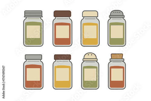 Eight kitchen seasoning containers filled with various spices and blank labels