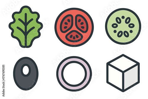 Colorful set of fresh salad ingredients: lettuce, tomato, cucumber, olive, onion, and feta cheese