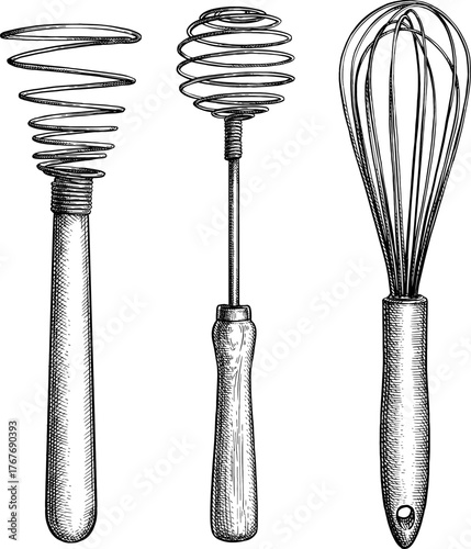 Set of balloon and spring whisks. Ink sketch.
